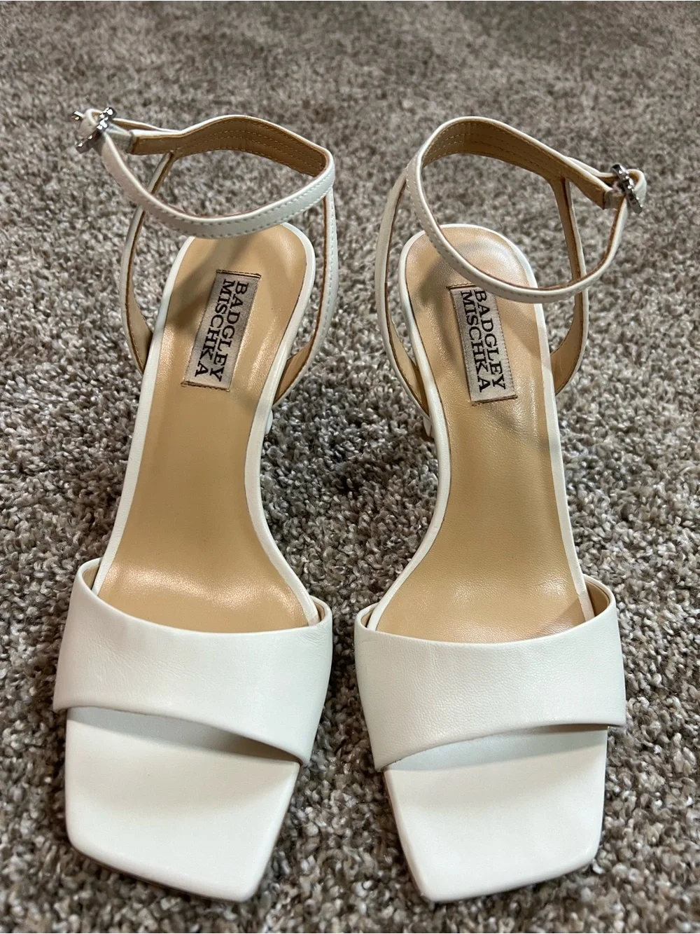 Badgley Mischka Ivory White Square-Toe Ankle-Strap Heels